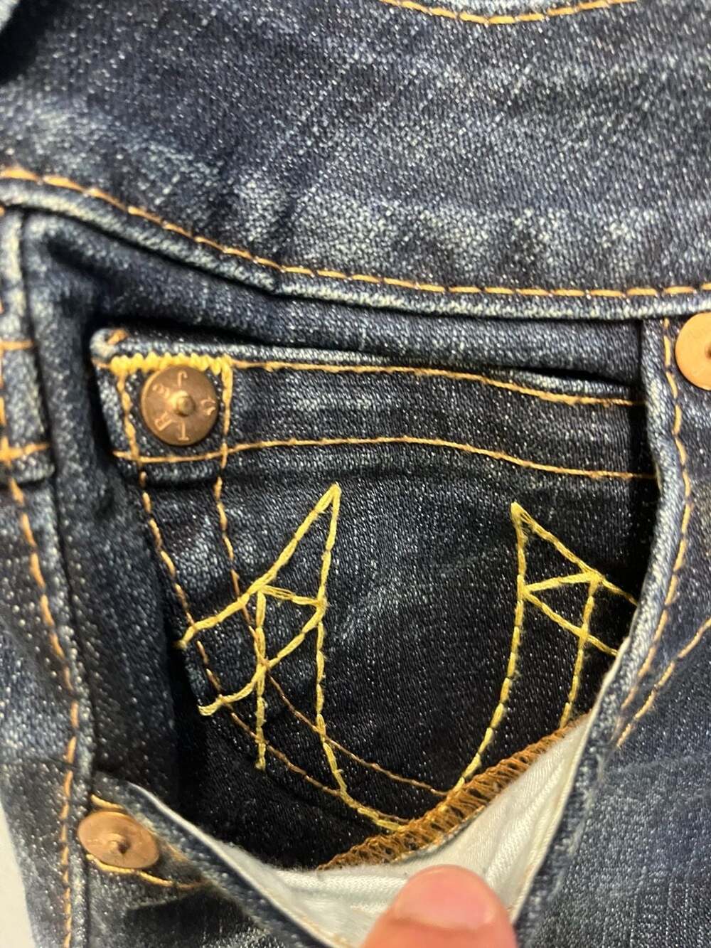 True Religion Women's Dark Wash Flare Jeans with Yellow Stitching, Size 28 - Picture 7 of 11